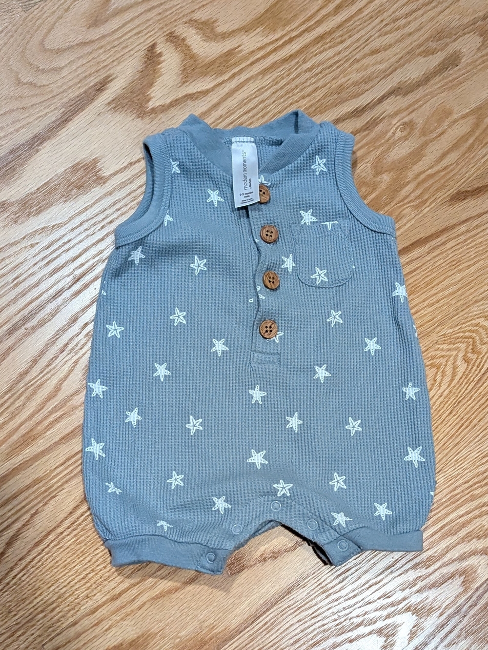 Gerber Blue Star Print Sleeveless Romper with Wood Buttons